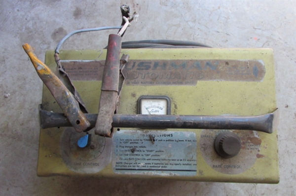 COLEMAN POWERMATE GENERATOR & VINTAGE CUSHMAN BATTERY CHARGER