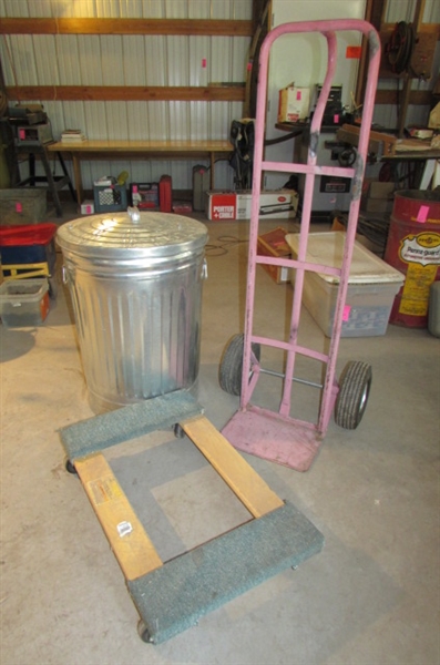 METAL TRASH CAN, HAND TRUCK & FURNITURE DOLLY