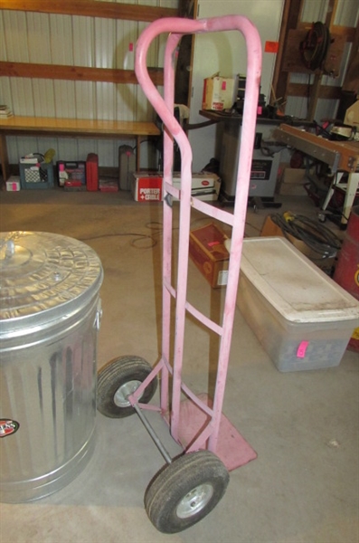 METAL TRASH CAN, HAND TRUCK & FURNITURE DOLLY