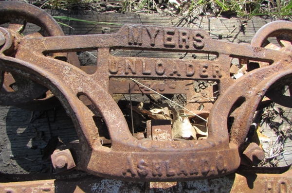 PAIR OF MEYER UNLOADER CABLE HOIST YARD ART