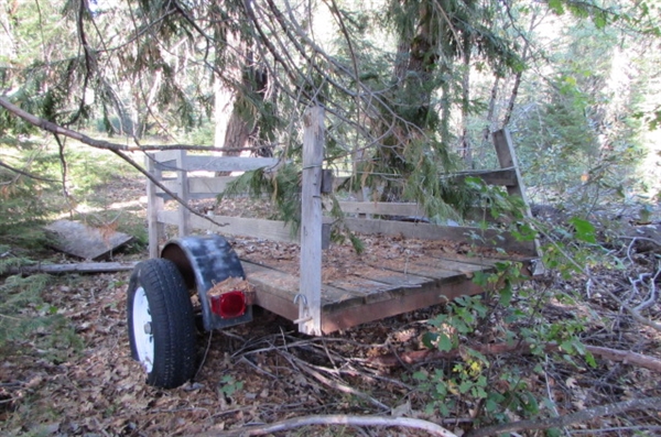 FLATBED TRAILER WITH WOODEN RAILS FOR PARTS OR REPAIR