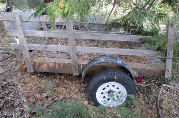 FLATBED TRAILER WITH WOODEN RAILS FOR PARTS OR REPAIR