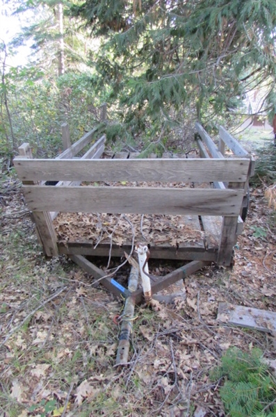 FLATBED TRAILER WITH WOODEN RAILS FOR PARTS OR REPAIR