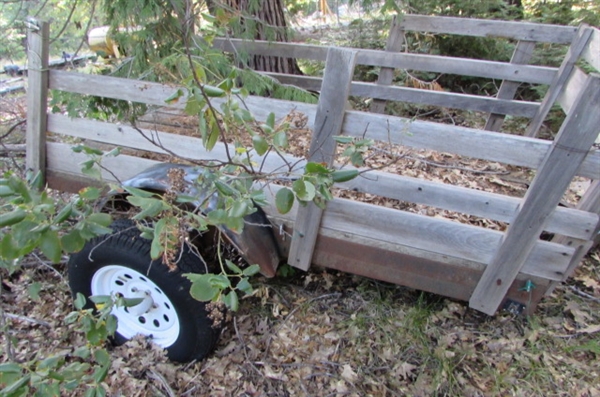 FLATBED TRAILER WITH WOODEN RAILS FOR PARTS OR REPAIR