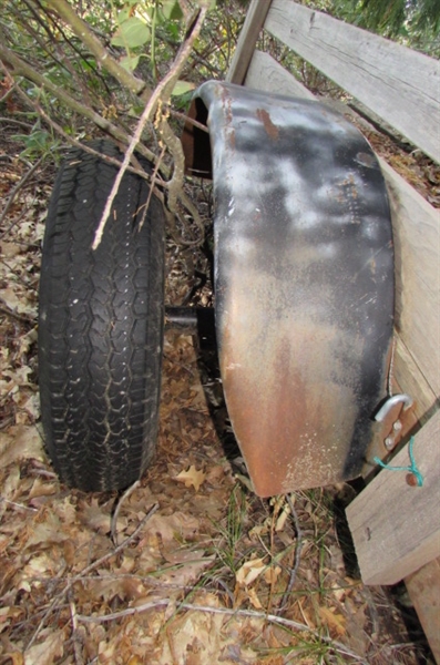 FLATBED TRAILER WITH WOODEN RAILS FOR PARTS OR REPAIR