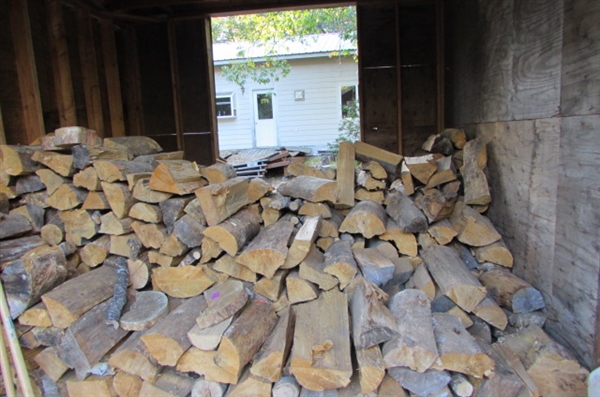 CUT AND STACKED FIREWOOD IN SHED