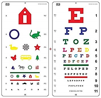 PEDIATRIC COLOR EYE CHARTS FOR TESTING AT 20FT LETTERS AND PICTURES 11 x 22