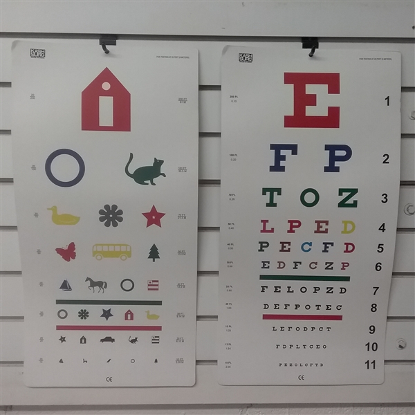 PEDIATRIC COLOR EYE CHARTS FOR TESTING AT 20FT LETTERS AND PICTURES 11 x 22