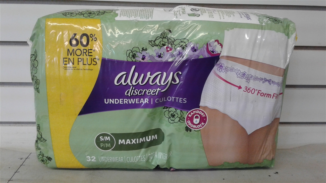 ALWAYS DISCREET UNDERWEAR MAXIMUM S/M 32 PK