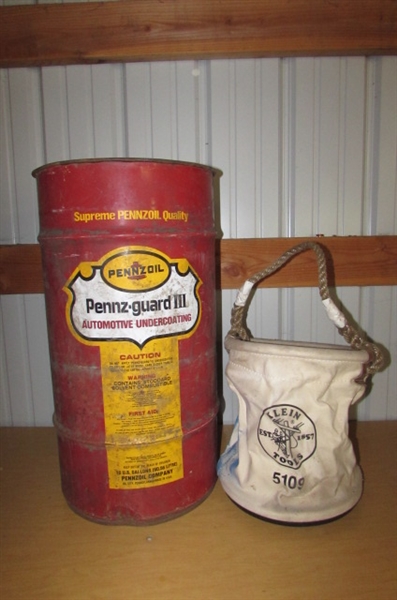 PENNZOIL METAL BARREL & KLEIN TOOL BAG