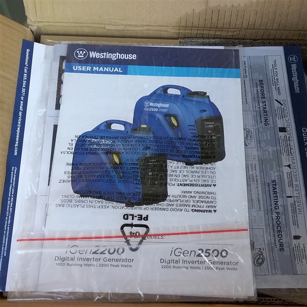 WESTINGHOUSE IGEN2500 DIGITAL INVERTER GENERATOR