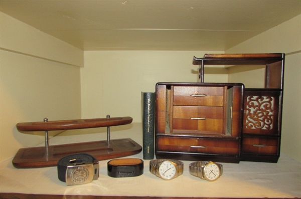 WWII WOODEN JEWELRY BOX, WATCHES & MORE