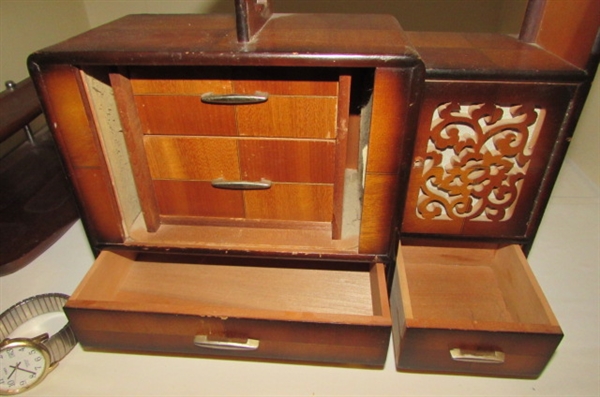 WWII WOODEN JEWELRY BOX, WATCHES & MORE