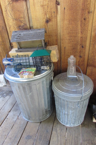 2 GALVANIZED CANS WITH WILD ANIMAL FEED & BIRD FEEDERS