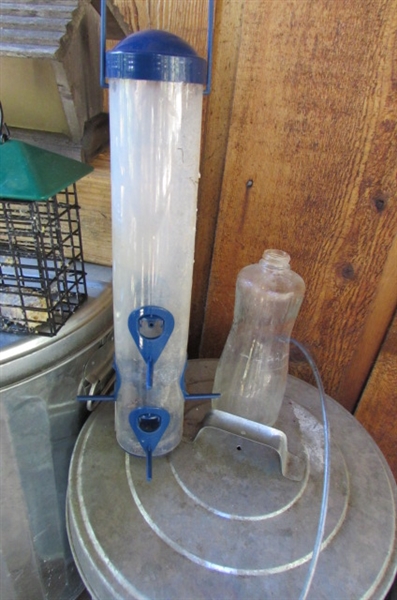 2 GALVANIZED CANS WITH WILD ANIMAL FEED & BIRD FEEDERS