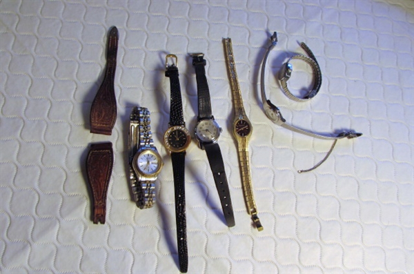 ASSORTED LADIES WATCHES & A WESTERN TOOLED WATCH BAND