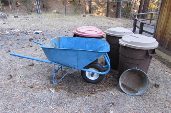 WHEELBARROW & TRASH CANS