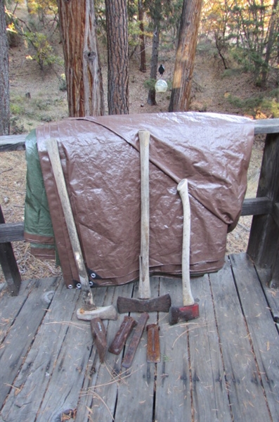 LARGE TARP, AXE, SPLITTING MAUL, WEDGES