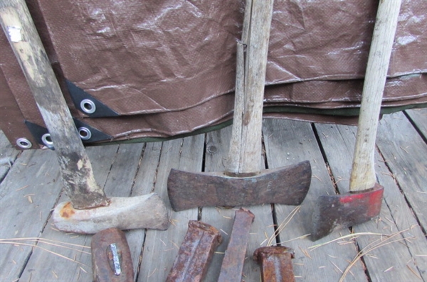 LARGE TARP, AXE, SPLITTING MAUL, WEDGES