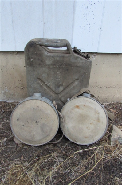 2 VINTAGE CANTEENS & A 5-GALLON JERRY CAN