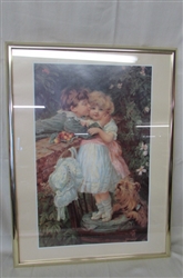 "OVER THE GARDEN WALL" LITHOGRAPH PEARS VICTORIAN CHILDREN FRAMED UNDER GLASS