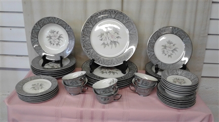 ROYAL CATHAY CHINA " SILVER GARDENIA" SET FOR 6 PLUS SERVING PIECES