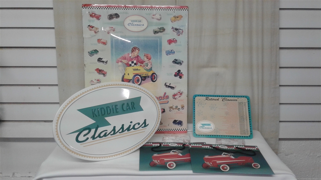 VINTAGE KIDDIE CAR CLASSICS SIGNS, POSTER, BAGS, AND TISSUE PAPER 