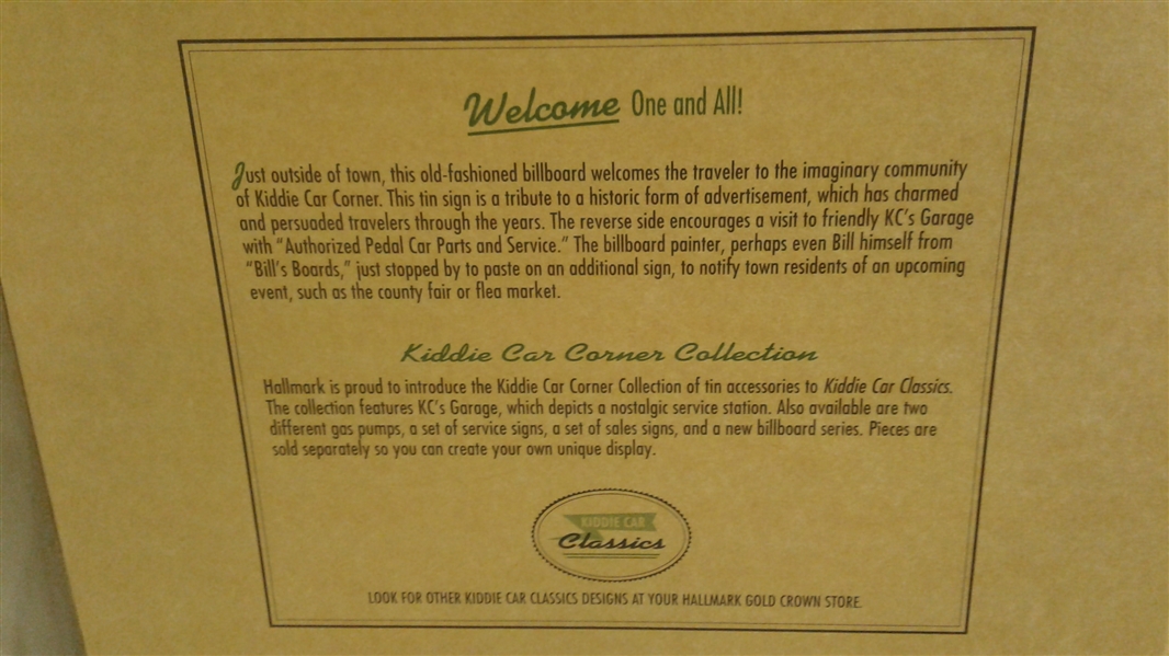 VINTAGE HALLMARK KIDDIE CAR CORNER COLLECTION BILL'S BOARDS WELCOME SIGN