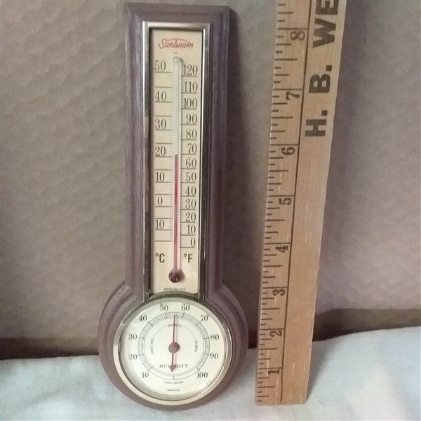 BEAUTIFUL WOOD. FRAME, WOOD BOWL, THERMOMETER & CLOCK