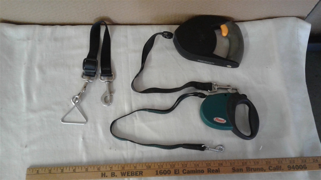 MEDIUM-LARGE DOG CARE LOT- LEASHES, SHOCK COLLAR, COLLARS, SAFETY VESTS, DOGGLES, AND MORE