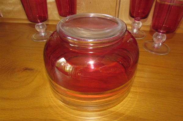 VINTAGE INDIANA GLASS RUBY RED & GOLD BOWL & FOOTED GLASSES
