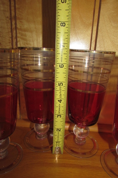 VINTAGE INDIANA GLASS RUBY RED & GOLD BOWL & FOOTED GLASSES