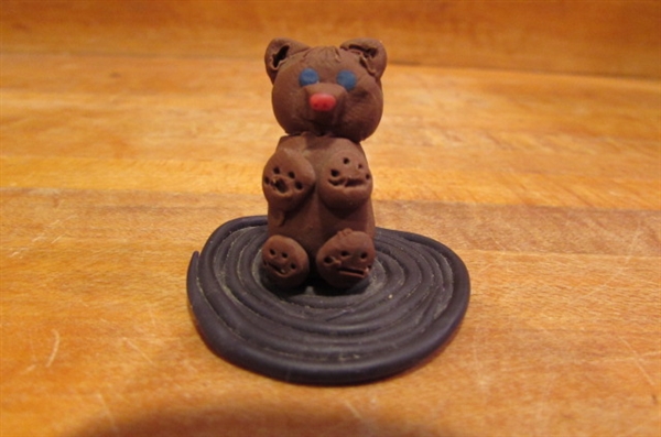 STAINED GLASS LOOK CANDLE HOLDER ON A ROUND MIRROR WITH TINY CLAY TEDDY BEAR