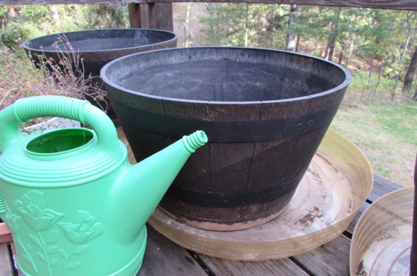 PLASTIC PLANTERS WITH DRIP TRAYS & A WATERING CAN