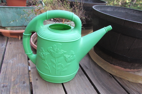 PLASTIC PLANTERS WITH DRIP TRAYS & A WATERING CAN