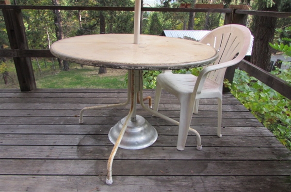 VINTAGE METAL PATIO TABLE WITH UMBRELLA, STAND, COVER & A RESIN CHAIR