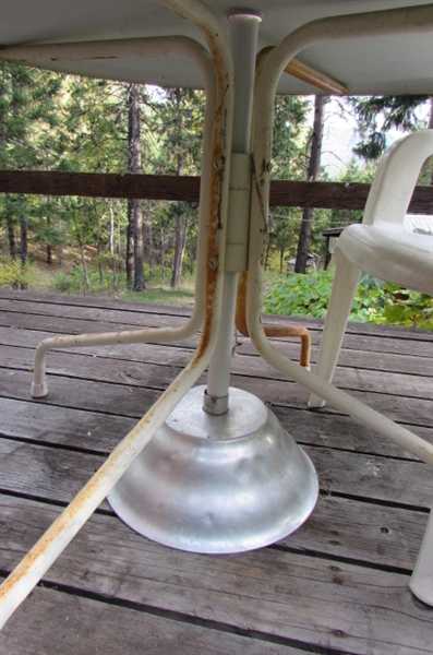 VINTAGE METAL PATIO TABLE WITH UMBRELLA, STAND, COVER & A RESIN CHAIR