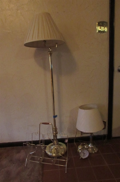 GOLD TONE FLOOR AND TABLE LAMP WITH SWING OUT LIGHT, MAGAZINE HOLDER & ALARM CLOCK