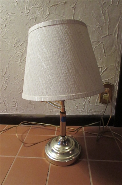 GOLD TONE FLOOR AND TABLE LAMP WITH SWING OUT LIGHT, MAGAZINE HOLDER & ALARM CLOCK