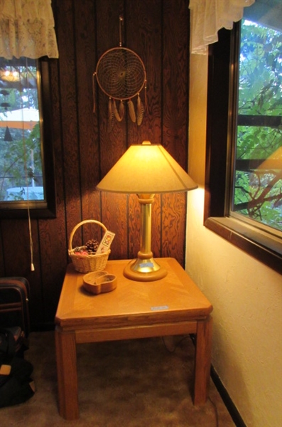 SOLID WOOD SIDE TABLE WITH BRASS & WOOD TABLE LAMP, COASTERS & MORE