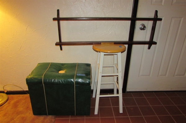 VINTAGE STORAGE OTTOMAN, 29BAR STOOL & WOODEN WALL SHELF