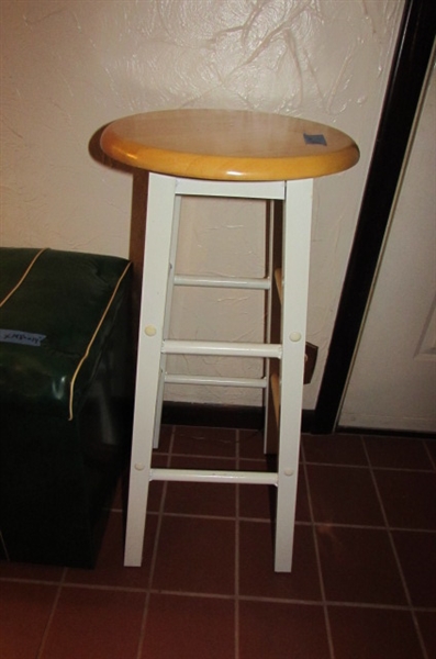 VINTAGE STORAGE OTTOMAN, 29BAR STOOL & WOODEN WALL SHELF