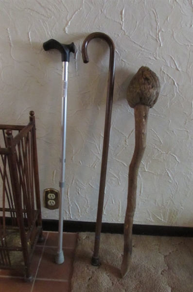 ANTIQUE WOOD UMBRELLA STAND WITH CANES & WALKING STICKS