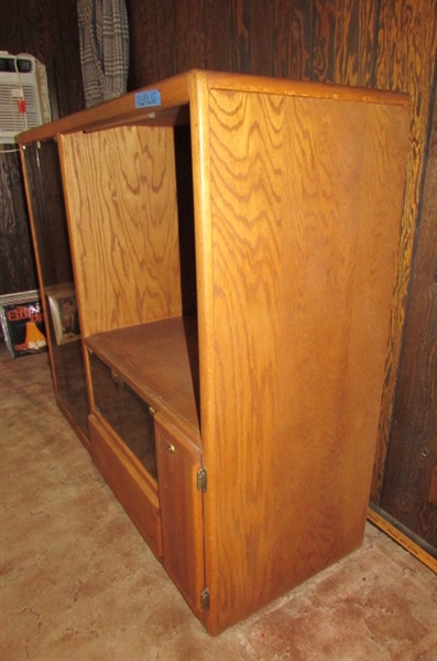 SOLID OAK MEDIA CABINET WITH GLASS DOORS