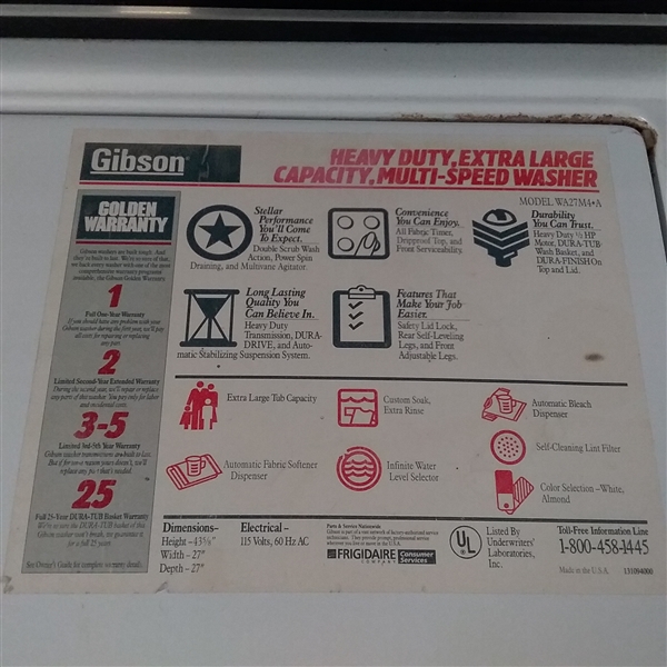 GIBSON HEAVY DUTY EXTRA LARGE CAPACITY  WASHING MACHINE