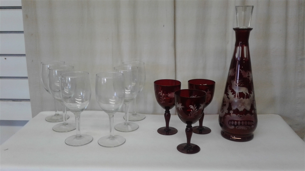 VINTAGE EGERMANN BOHEMIAN RUBY CUT CLEAR DECANTER MATCHING GLASSES AND 6 CLEAR WINE GLASSES