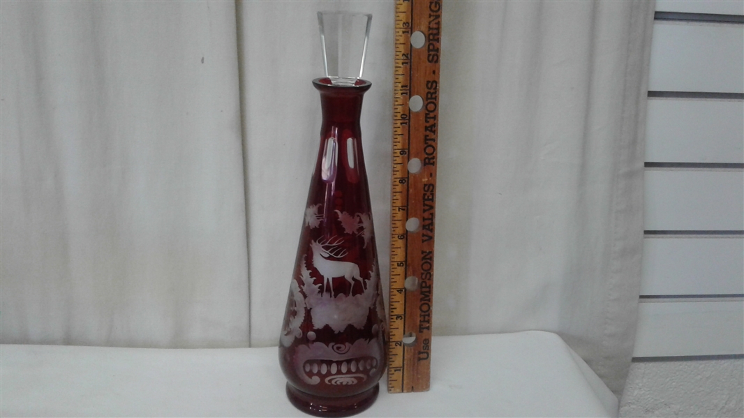 VINTAGE EGERMANN BOHEMIAN RUBY CUT CLEAR DECANTER MATCHING GLASSES AND 6 CLEAR WINE GLASSES