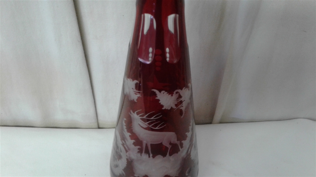 VINTAGE EGERMANN BOHEMIAN RUBY CUT CLEAR DECANTER MATCHING GLASSES AND 6 CLEAR WINE GLASSES