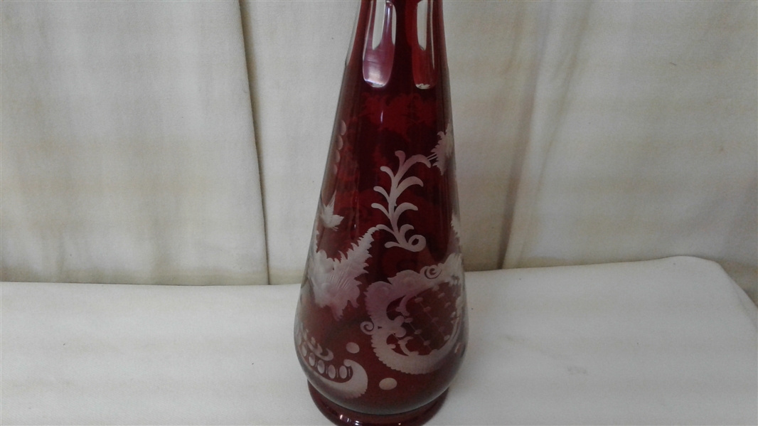 VINTAGE EGERMANN BOHEMIAN RUBY CUT CLEAR DECANTER MATCHING GLASSES AND 6 CLEAR WINE GLASSES