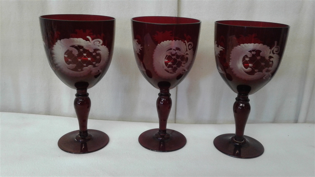VINTAGE EGERMANN BOHEMIAN RUBY CUT CLEAR DECANTER MATCHING GLASSES AND 6 CLEAR WINE GLASSES